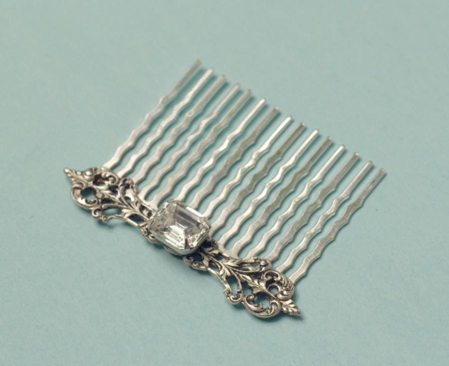 Hochzeit - Bridal hair comb crystal rhinestone antique style filigree victorian silver jewel wedding hair accessory edwardian vintage bride gem