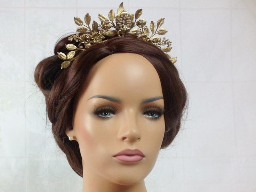زفاف - Bridal crown - Gold leaf headband with Swarovski crystal - Ready to ship
