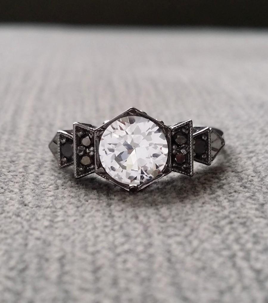 زفاف - Antique Black Diamond White Sapphire Engagement Ring White Gold Rhodium 1920s Grey Black Gemstone Rustic Bohemian PenelliBelle"The Florence"