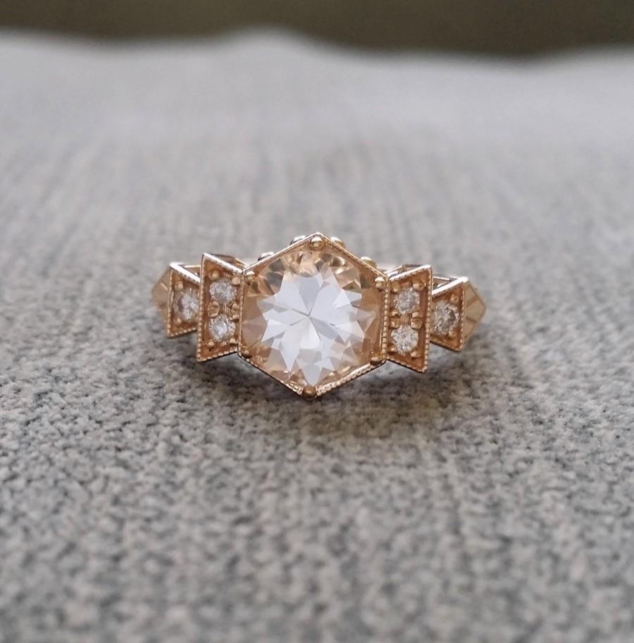 Mariage - Antique Diamond White Sapphire Engagement Ring Yellow  Gold 1920s Copper Gemstone Rustic Bohemian PenelliBelle Exclusive "The Florence"