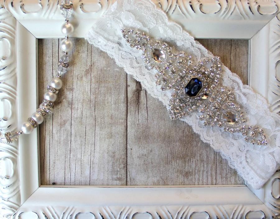 Свадьба - Vintage Wedding Garter with a Lovely Sapphire and Rhinestones on Comfortable Lace, Bridal Garter, Crystal Garter, Something Blue