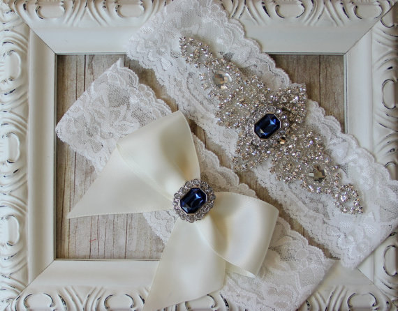 Hochzeit - Wedding garter - Vintage Garter Set w/ "Sapphires" and Rhinestones on Comfortable Lace, Wedding Garter Set, Crystal Garter Set
