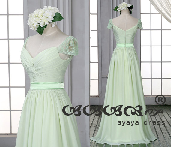Mariage - Mint green Prom Dress Cap Sleeve Beading zipperBack A Line Ruffle Long Chiffon Long  Bridesmaid Dress Wedding Party Dresses,party dress2015,