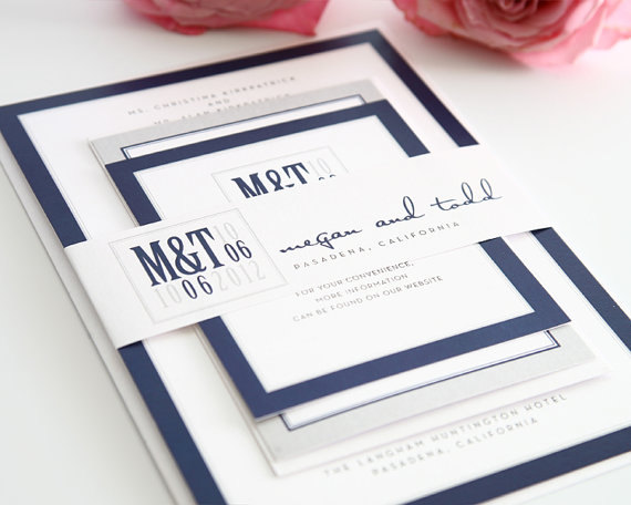 Wedding - Modern Logo Wedding Invitations Sample in Navy and SIlver on Pearl Shimmer Luxury Cardstock