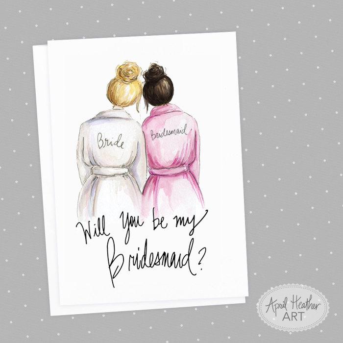 Mariage - Bridesmaid  PDF Download printable cards, blonde bride, dark brunette bridesmaid Will you be my bridesmaid invitation