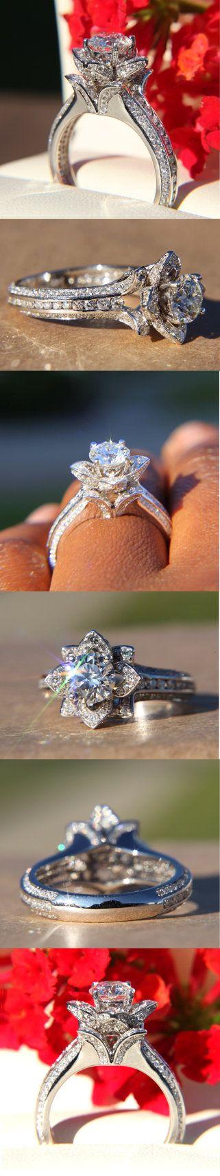 Wedding - Gorgeous UNIQUE Flower Rose Diamond Engagement Ring - 2.50 Carat - 14K White Gold - Wedding - Brides - Luxury - Custom Made - FL01