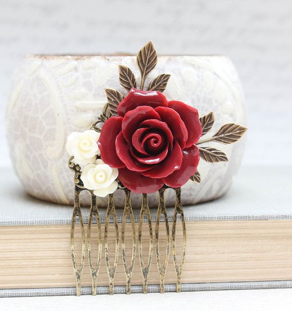 Hochzeit - Red Rose Comb Floral Collage Hair Accessories Cream Rose Dark Red Wedding Bridal Stocking Stuffer Victorian Christmas Gift For Her
