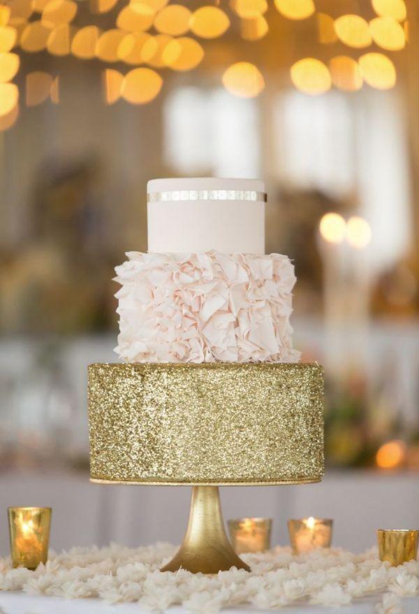 Hochzeit - Glamorous Glittery Gold And Blush Pink Wedding Cakes For 2016