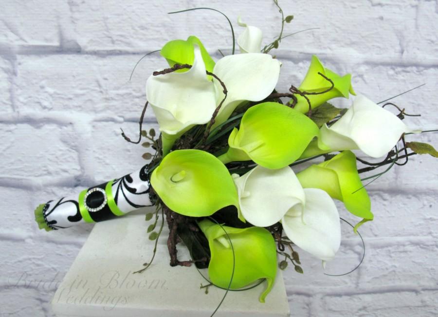 Свадьба - Wedding Bouquet real touch Calla lily lime green white damask bridal bouquet