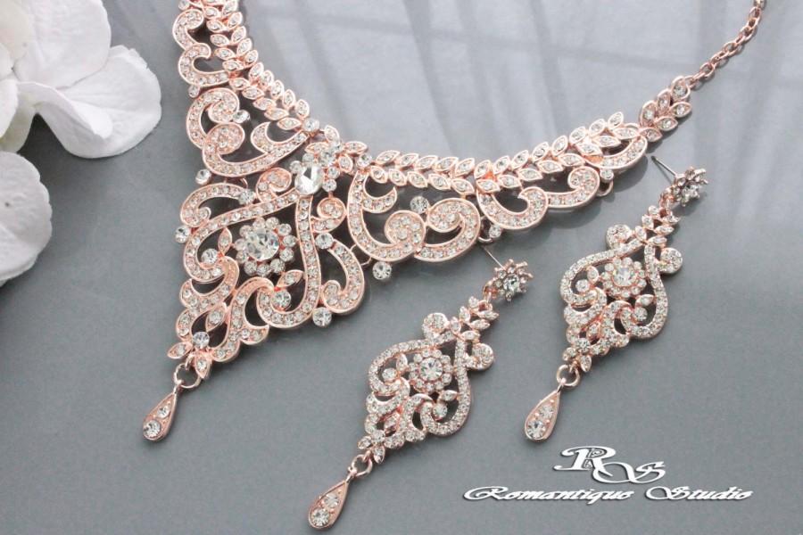 Hochzeit - ROSE GOLD Wedding jewelry set, Vintage style bridal necklace set, Bridal jewelry, Crystal necklace set, Wedding jewelry vintage S0150RG