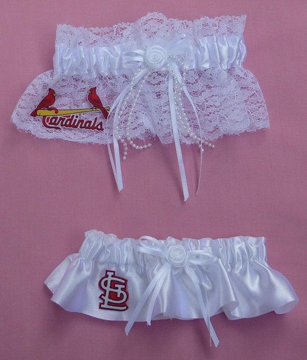 Hochzeit - Wedding Garter Set - St. Louis Cardinals Cards Saint Baseball Themed - Lace and Satin Bridal Garters