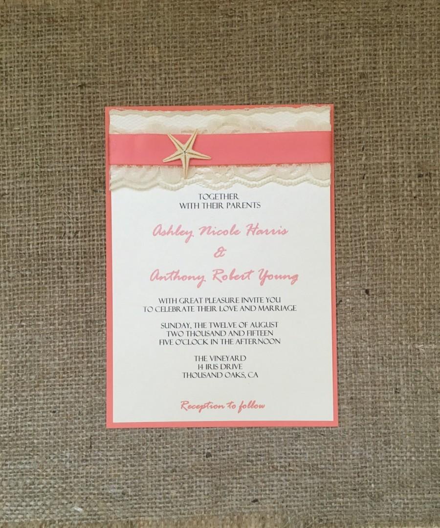 Hochzeit - Coral beach wedding invitation, destination wedding invitation, starfish invitation, lace ribbon invitation, shabby chic invitation
