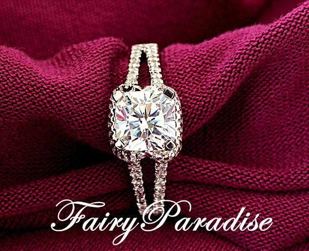Hochzeit - 1 Carat Man Made Diamond Halo Cushion Cut Diamond Engagement Ring / Promise Rings - Split Shank in 925 Sterling Silver ( Fairy Paradise )