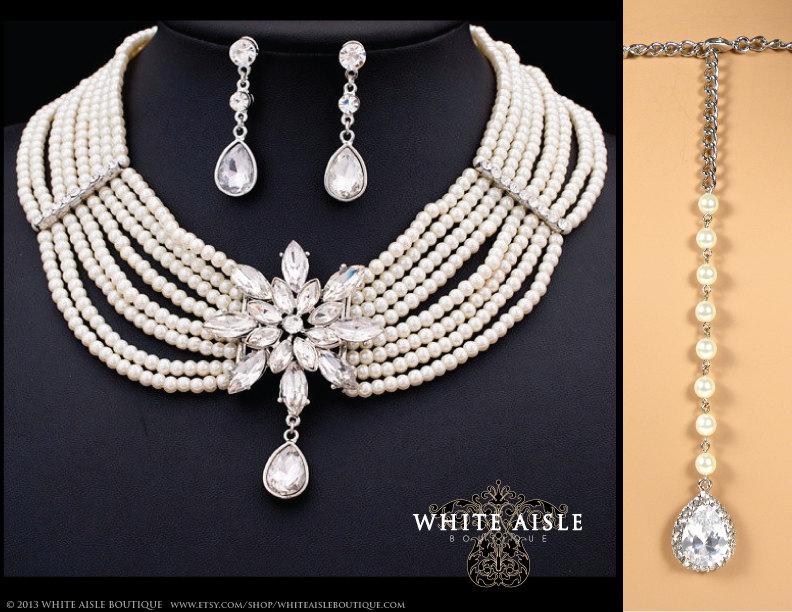 زفاف - Wedding Jewelry Set, Vintage Inspired Pearl Bridal Jewelry Set, Multi Strand Pearl Necklace, Bridal Statement Necklace Earrings