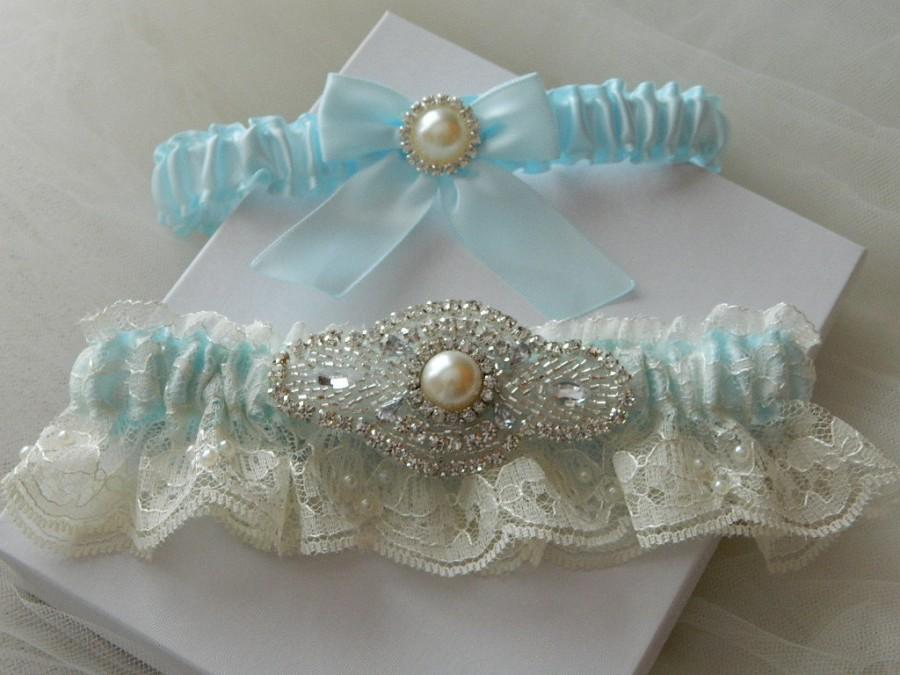 Hochzeit - Wedding Garter Set Baby Blue With Ivory Chantilly Lace Pearl And Rhinestone Embellishment
