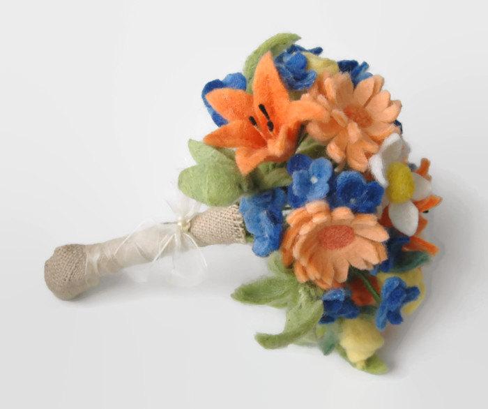Wedding - Alternative felt flower wedding bouquet with orange, yellow, white and blue wool flowers - day lily, gerbera daisy, rose with burlap