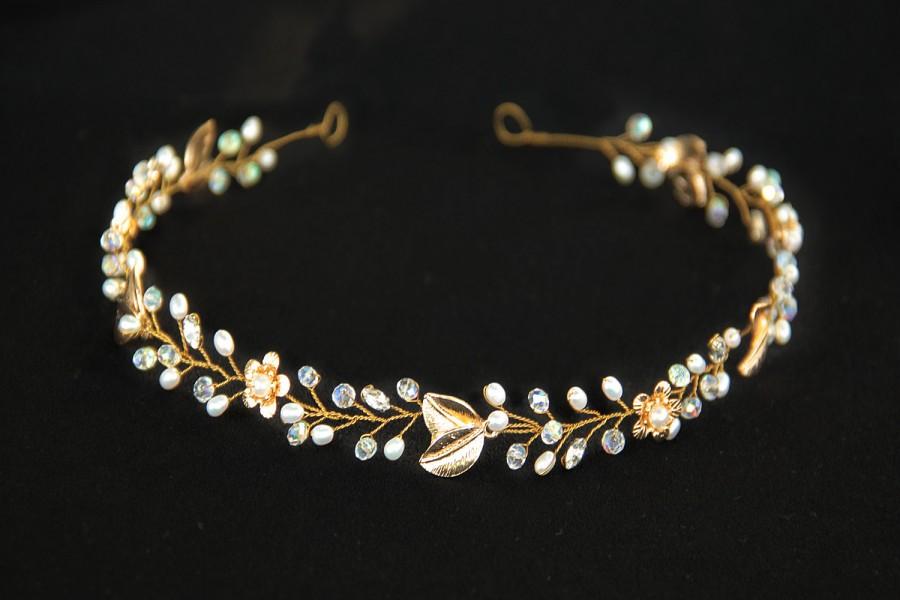 Wedding - crystal crown, gold tiara, wedding tiara, pearl tiara, flower girl tiara, crystal tiara, golden crown, pearl headband, gold