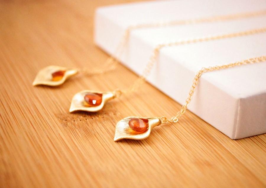Hochzeit - Fall Bridesmaid Necklaces Cala Lily Flower Necklace Mandarin garnet Gemstones  Gold filled Wedding Jewelry Set of Three fall colors ,