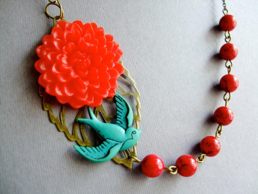Mariage - Statement Necklace,Red Flower Necklace,Teal Sparrow Tattoo Necklace,Floral Necklace,Teal Necklace,Red Necklace,Tattoo Necklace,Gift For Her