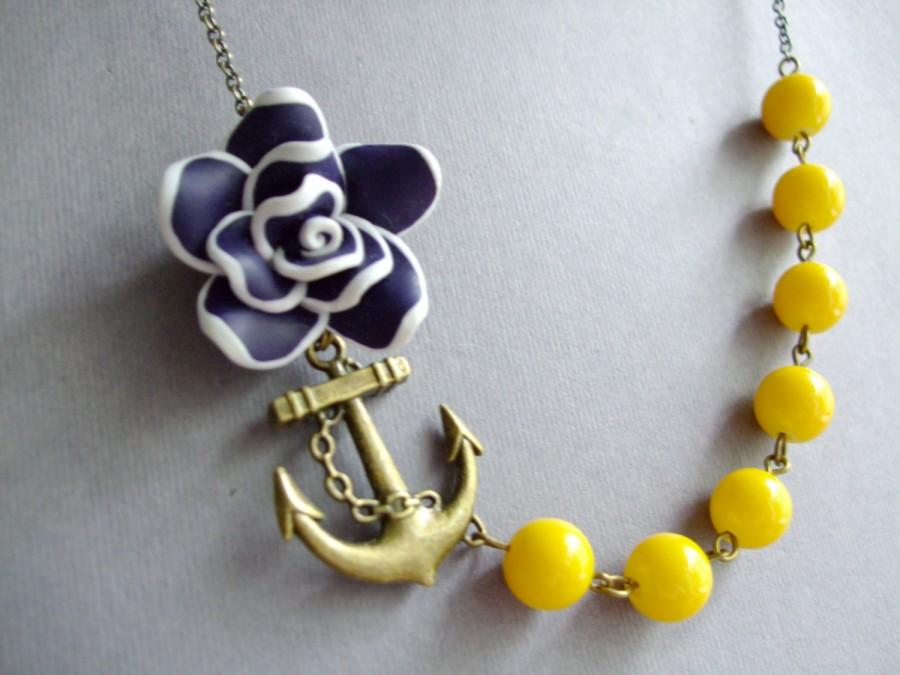 Hochzeit - Statement Necklace,Navy Blue Flower Necklace,Floral Necklace,Navy Blue Necklace,Yellow Necklace,Anchor Necklace,Nautical Necklace,Gift Her