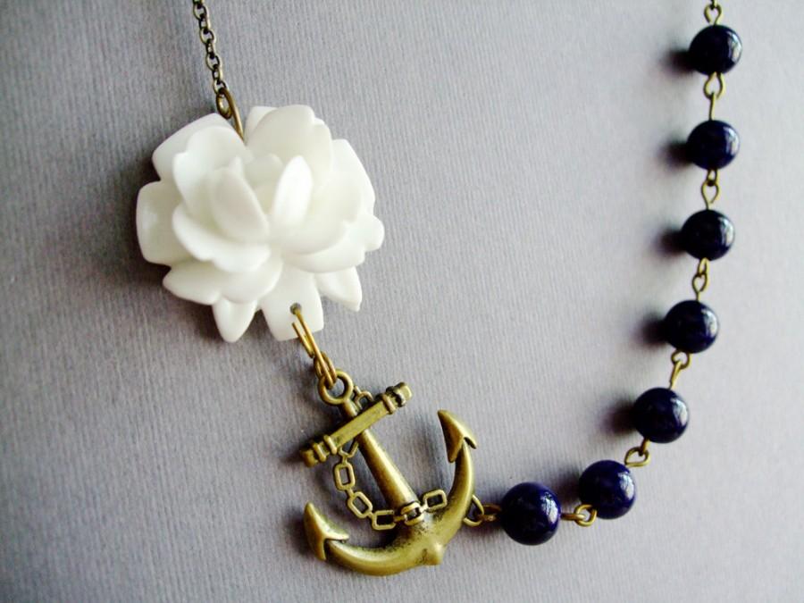 Wedding - White Flower Necklace,Flower Necklace,White Floral Necklace,Navy Blue Necklace,Navy Blue Necklace,Nautical Necklace,Anchor Necklace,Gift