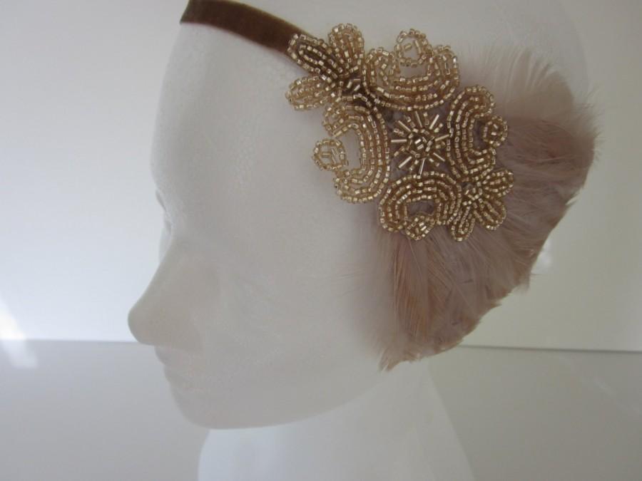 زفاف - Gatsby Headband, 1920s Hair Accessory, Flapper Headpiece, Champagne Beaded Headband Beige OR Black Feather Headpiece, Beaded Fascinator