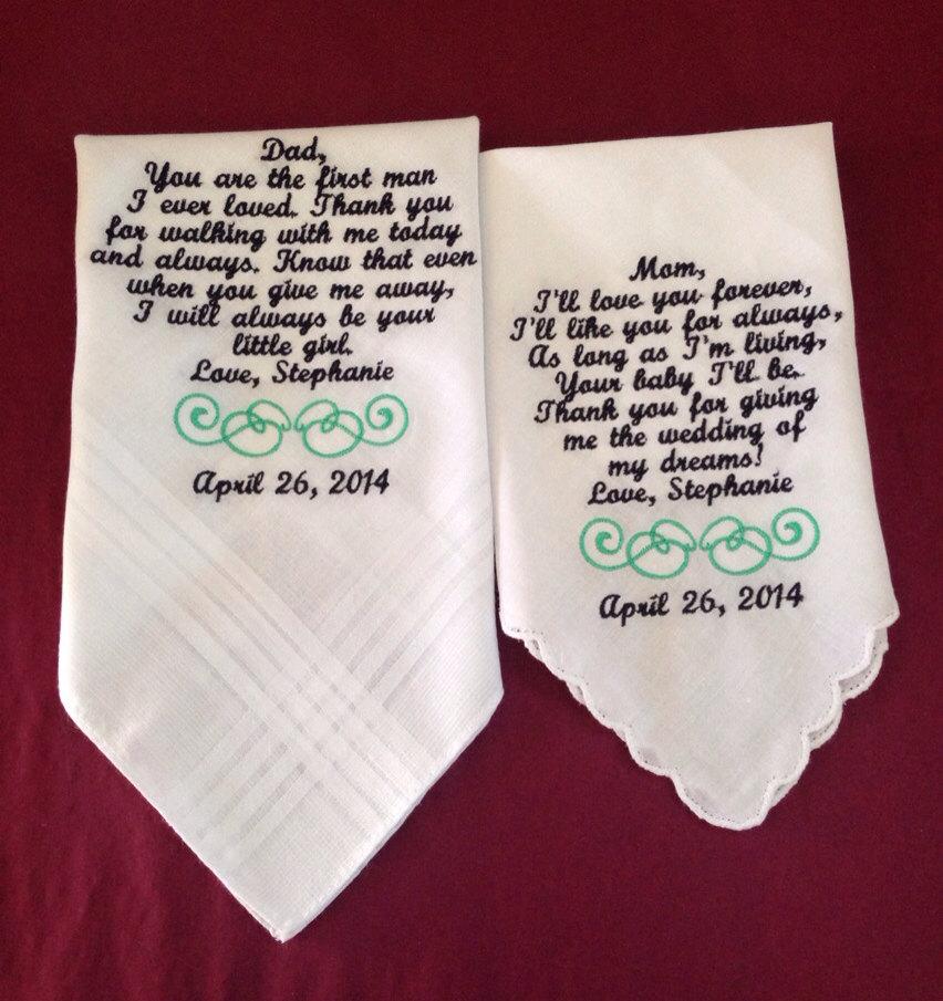 Свадьба - Set of Two Personalized WEDDING HANKIE'S Mother & Father of the Bride Gifts Hankerchief - Hankies you pick thread colors