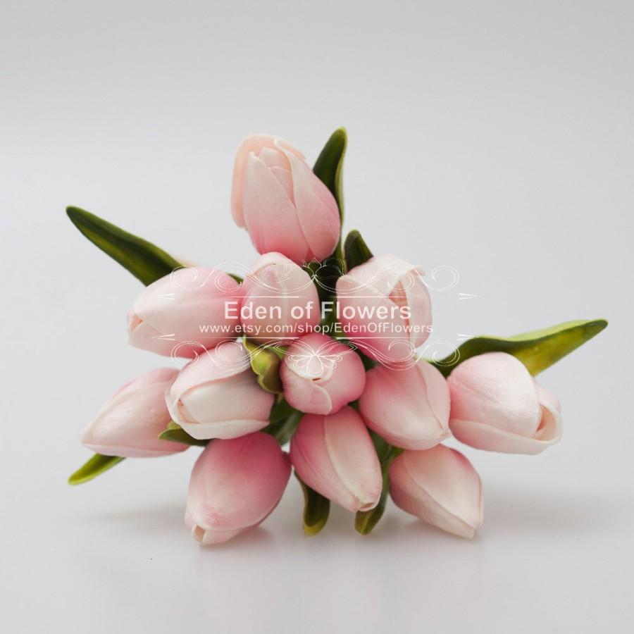 Mariage - 12 pcs One Dozen Pink Real Touch PU Tulip Flowers Bouquets Arrangement Supply