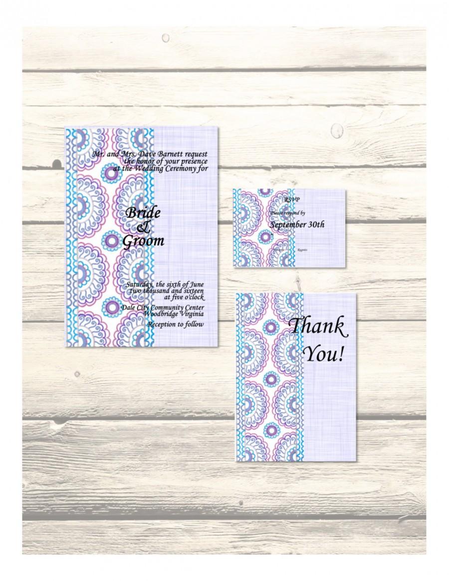 Mariage - Set of Purple Persian Lace Wedding Invitation, RSVP & Thank You Cards Customizable - Printable Digital Download