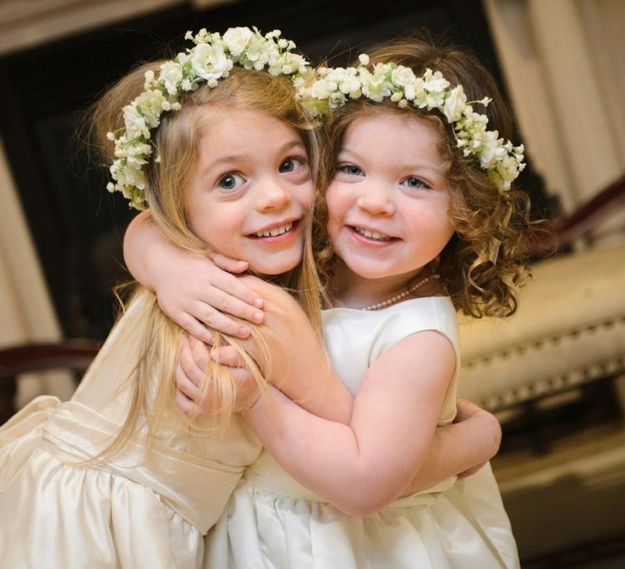 Mariage - Flower Girl Wreath, First Communion Wreath, Wedding Flowers, Ivory Silk Rose and Babies Breath Hair Crown at Holly's Flower Shoppe.