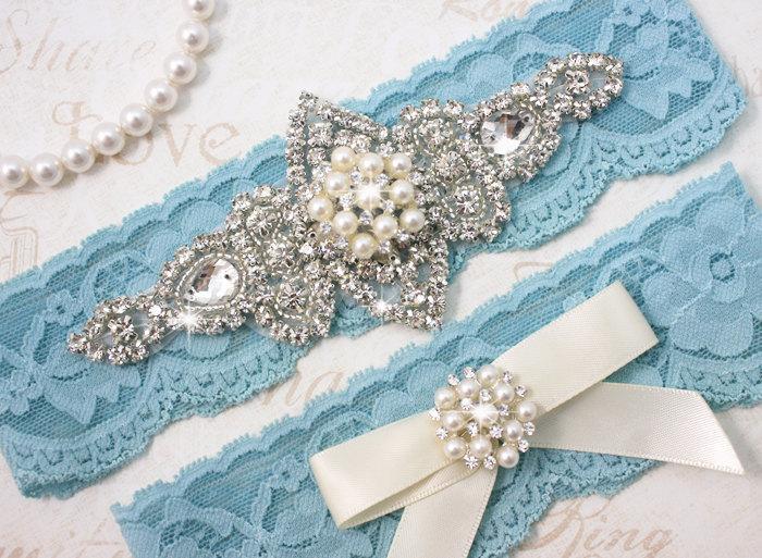 Hochzeit - SALE - CHLOE II - Light Blue Stretch Lace Garter, Wedding Pearl Garter Set, Rhinestone Crystal Bridal Garters, Something Blue