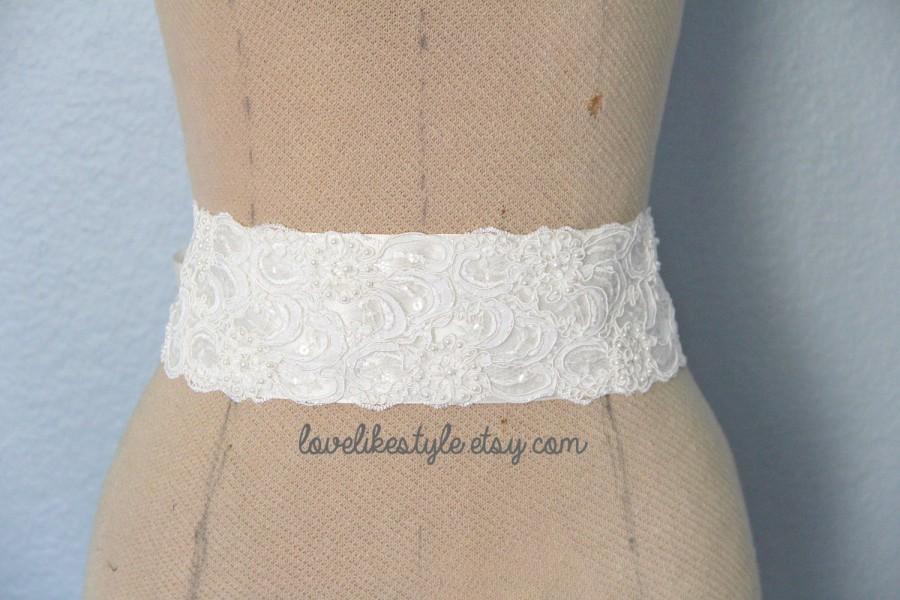 Hochzeit - Ivory Beaded Alencon Lace Sash Belt, Bridal Sash, Bridesmaid Sash, Wide Lace Sash , SH-42
