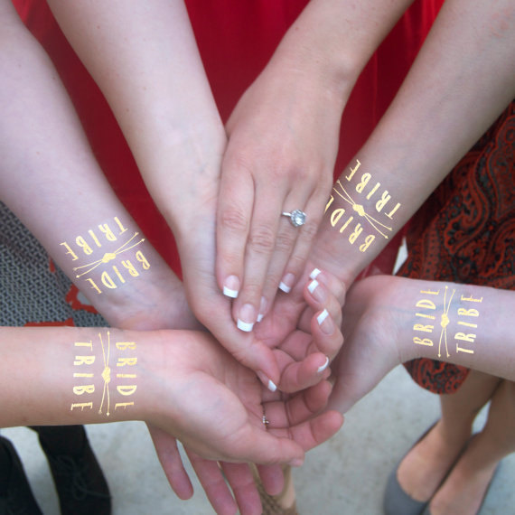 زفاف - Bride Tribe Gold Temporary Tattoos, 10 Individually Packaged Bachelorette Party Favors, Bridesmaid Gift Bag, Including a Bride Tattoo