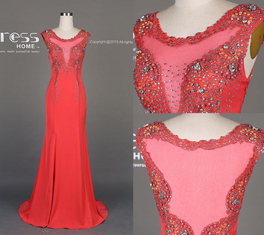 Mariage - New Arrival Coral Mermaid Beading Prom Dress/Sheer Back Long Prom Dress/Mermaid Prom Dress/Prom Dresses Long/Mermaid Party Dress DH519