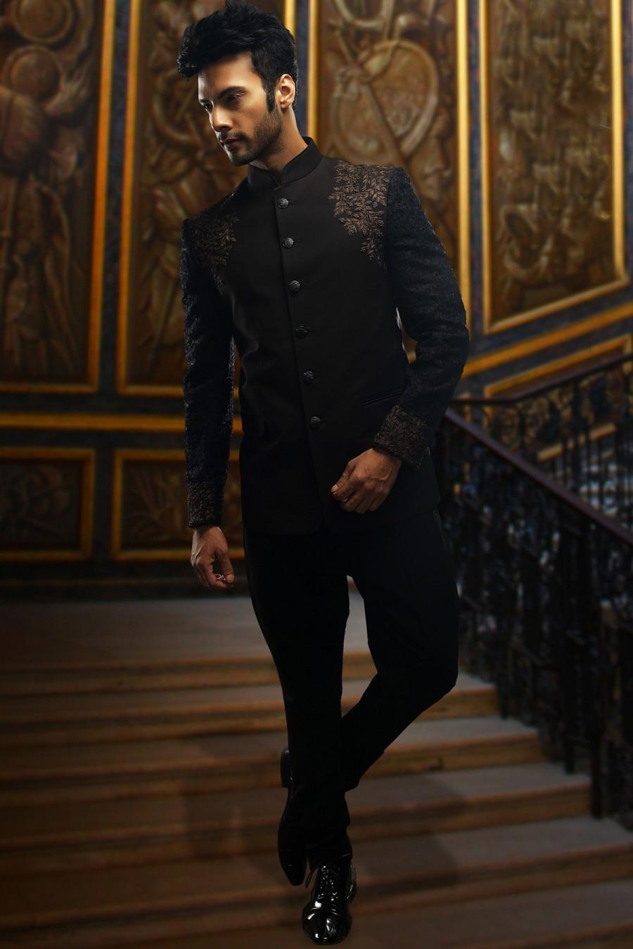 زفاف - Black pure silk refined price suit with standing collar