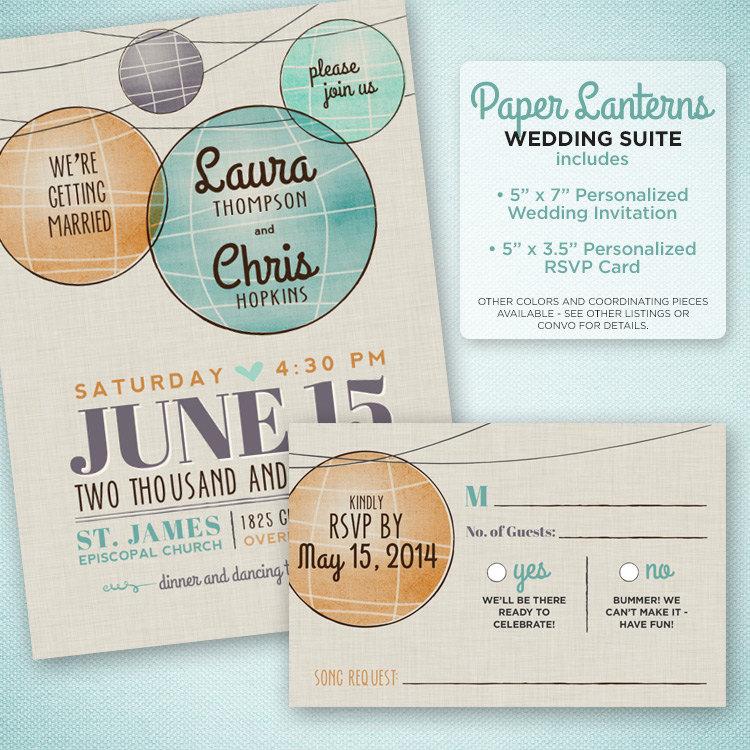 Wedding - Paper Lantern Mod Wedding Invitation - Watercolor Paper Lantern Wedding Invitation and RSVP Card - Retro Wedding Invitation Suite Printable