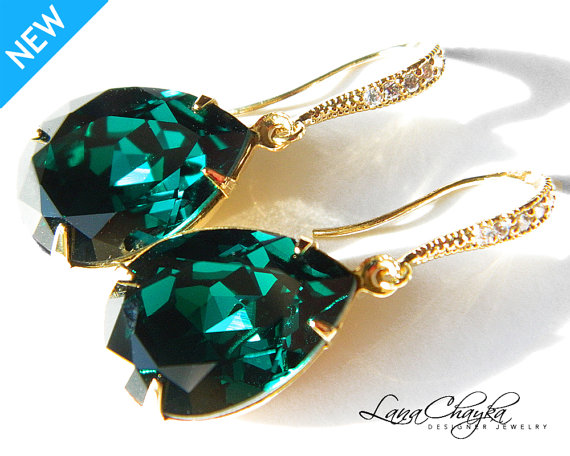 زفاف - Emerald Green Crystal Earrings Vermeil Gold CZ Emerald Earrings Swarovski Rhinestone Emerald Earrings Wedding Gold Green Teardrop Earrings
