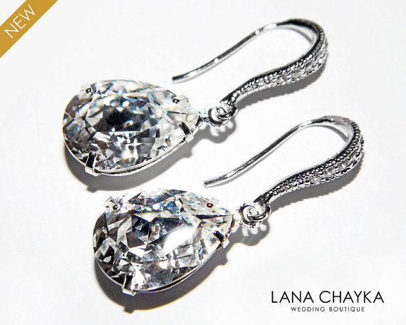 Hochzeit - Wedding Crystal Earrings Swarovski Rhinestone Teardrop Earrings Bridal Earrings Wedding Jewelry Clear Crystal CZ Sterling Silver Earrings