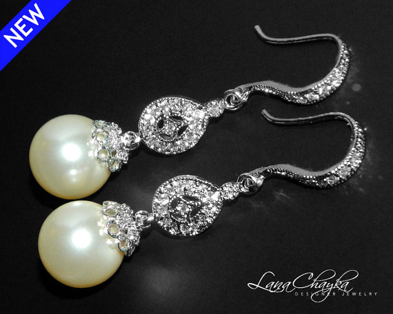 Hochzeit - Ivory Drop Pearl Earrings Pearl Bridal Earrings Sterling Silver CZ Pearl Bridal Earrings Swarovski 10mm Ivory Pearl Earring Bridal Jewelry