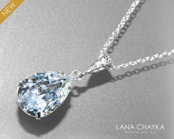 Hochzeit - Light Blue Grey Crystal Necklace Swarovski Rhinestone Pale Blue Sterling Silver Necklace Wedding Teardrop Crystal Necklace Bridal Jewelry
