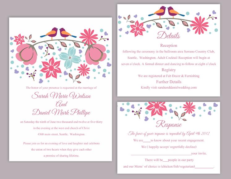 Wedding - DIY Wedding Invitation Template Set Editable Word File Instant Download Printable Colorful Bird Wedding Invitation Coral Floral Invitation