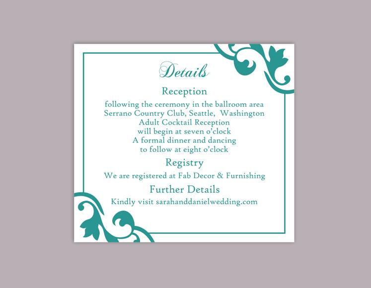 Wedding - DIY Wedding Details Card Template Editable Word File Instant Download Printable Details Card Teal Blue Details Card Elegant Enclosure Cards