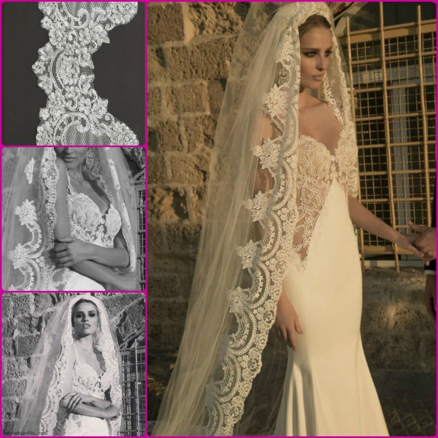 زفاف - 3M Mantilla wedding veil,lace mantilla veil,cathedral wedding veil,ivory wedding veil,White wedding veil, Ivory Cathedral Length Lace Veil
