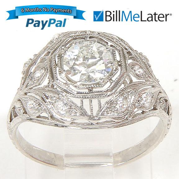 Wedding - Art Deco 18k 18 Karat White Gold Diamond Solitaire Engagement Ring