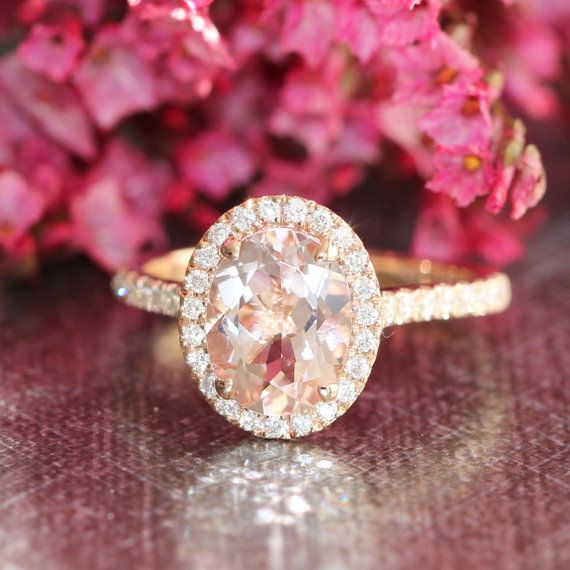 زفاف - Halo Diamond And Morganite Engagement Ring In 14k Rose Gold 9x7mm Oval Peach Pink Morganite Ring Pave Diamond Wedding Band