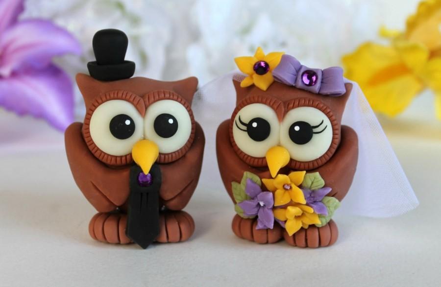 Wedding - Wedding owl love bird cake topper with banner, brown owls, purple summer wedding, customizable