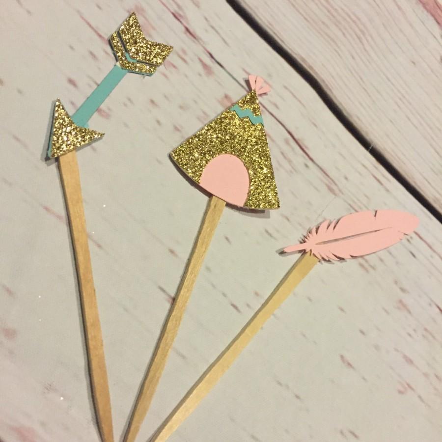 Свадьба - 24 Boho cupcake toppers, teepp cupcake toppers, feather cupcake toppers, arrow cupcake toppers, aztec party, boho party, pow wow