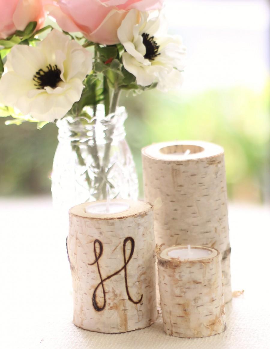 Mariage - Personalized Birch Bark Candle Holders Rustic Chic Wedding Decor