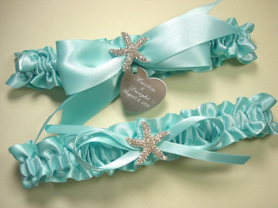 Свадьба - Aqua Blue Beach Wedding Garter Set, Personalized Robin's Egg Blue Starfish Wedding Garters with Engraving and a Rhinestone Starfish