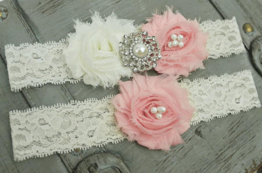 Hochzeit - Ivory and Pink Wedding Garder Set, plus size wedding garder belt ballet pink bridal garder pink wedding garters lace bling garder diamond